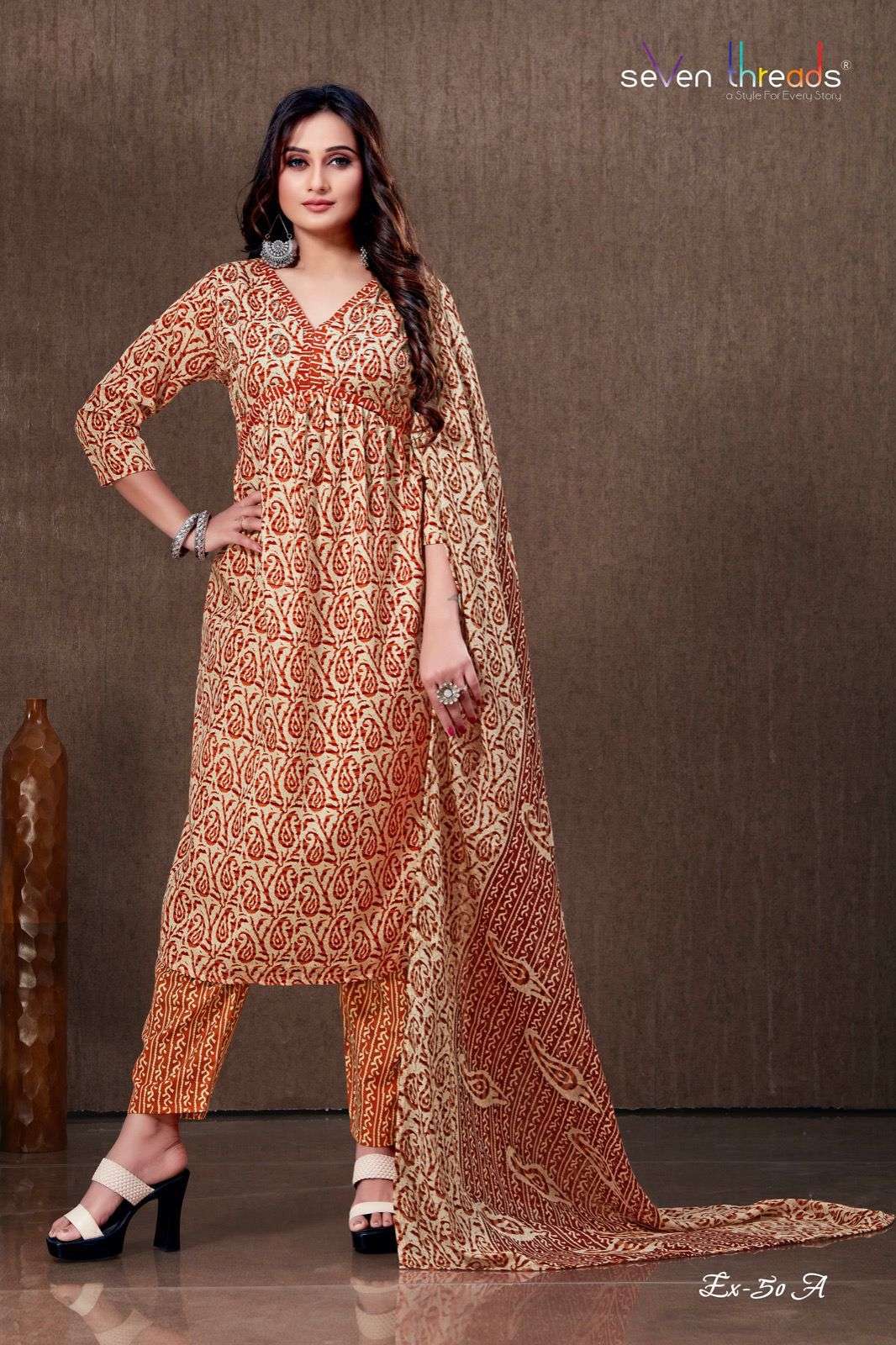 NON CATALOGUE EX 50 RICH COTTON ELEGANT HANDWORK CLASSIC ALIA CUT PRINTED KURTI WITH PANT AND DUPATTA BY SEVEN THREADS BRAND EX 50 A